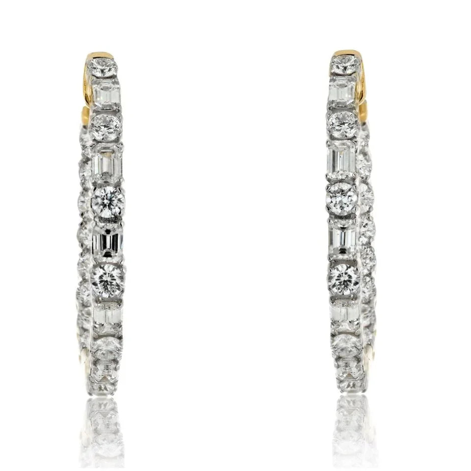 14K Yellow Gold Alternating Emerald And Round Cut Diamond Hoop Earrings - The Back Vault