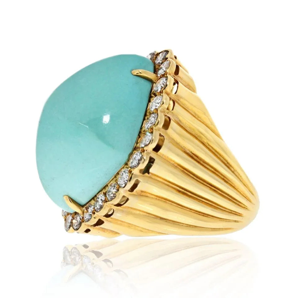 David Webb Platinum & 18K Yellow Gold Turquoise And Diamond 3.30cttw Right Hand Ring - The Back Vault