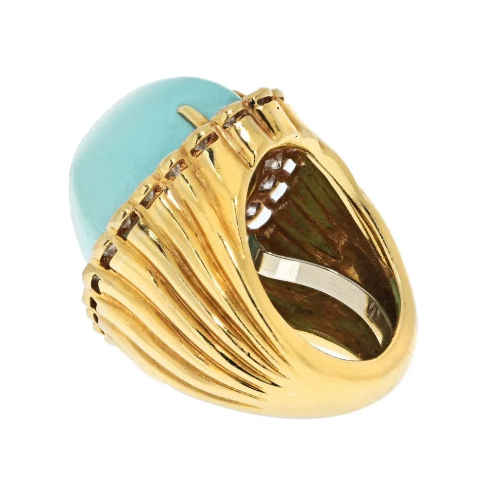 David Webb Platinum & 18K Yellow Gold Turquoise And Diamond 3.30cttw Right Hand Ring - The Back Vault