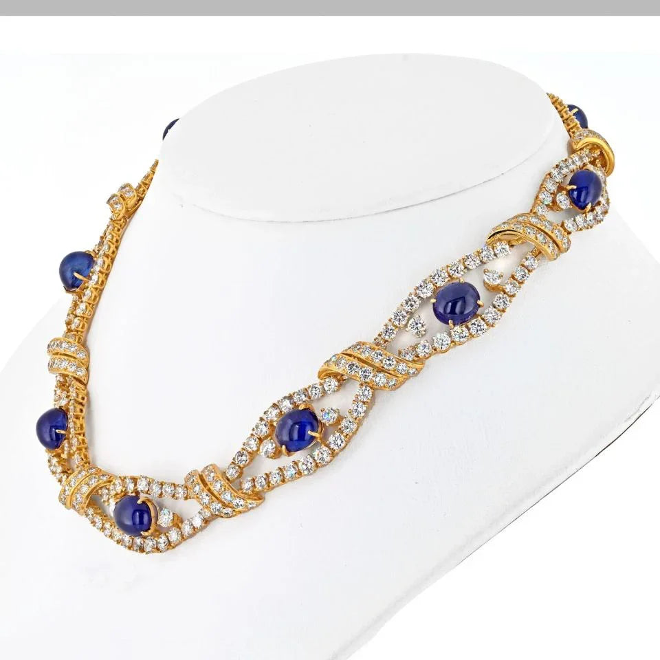 M. Gerard 18K Yellow Gold Cabochon Cut Blue Sapphire And Round Cut Openwork Collar Necklace - The Back Vault