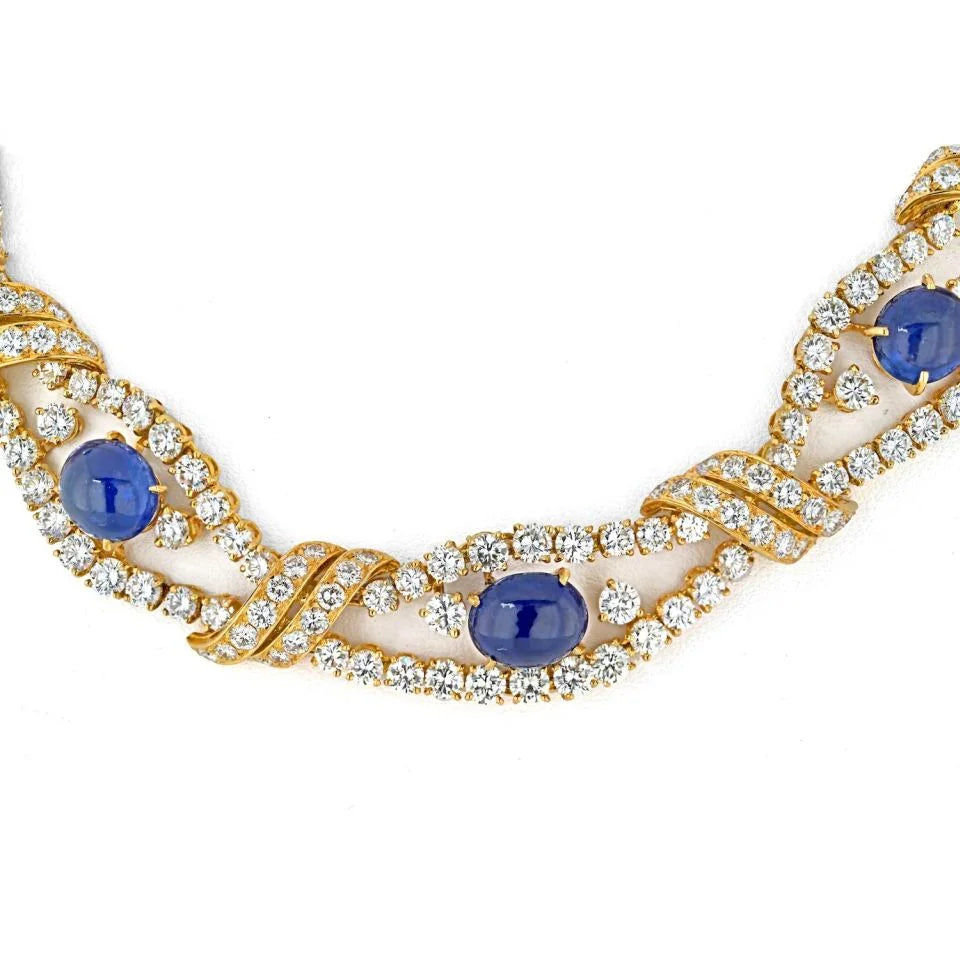M. Gerard 18K Yellow Gold Cabochon Cut Blue Sapphire And Round Cut Openwork Collar Necklace - The Back Vault