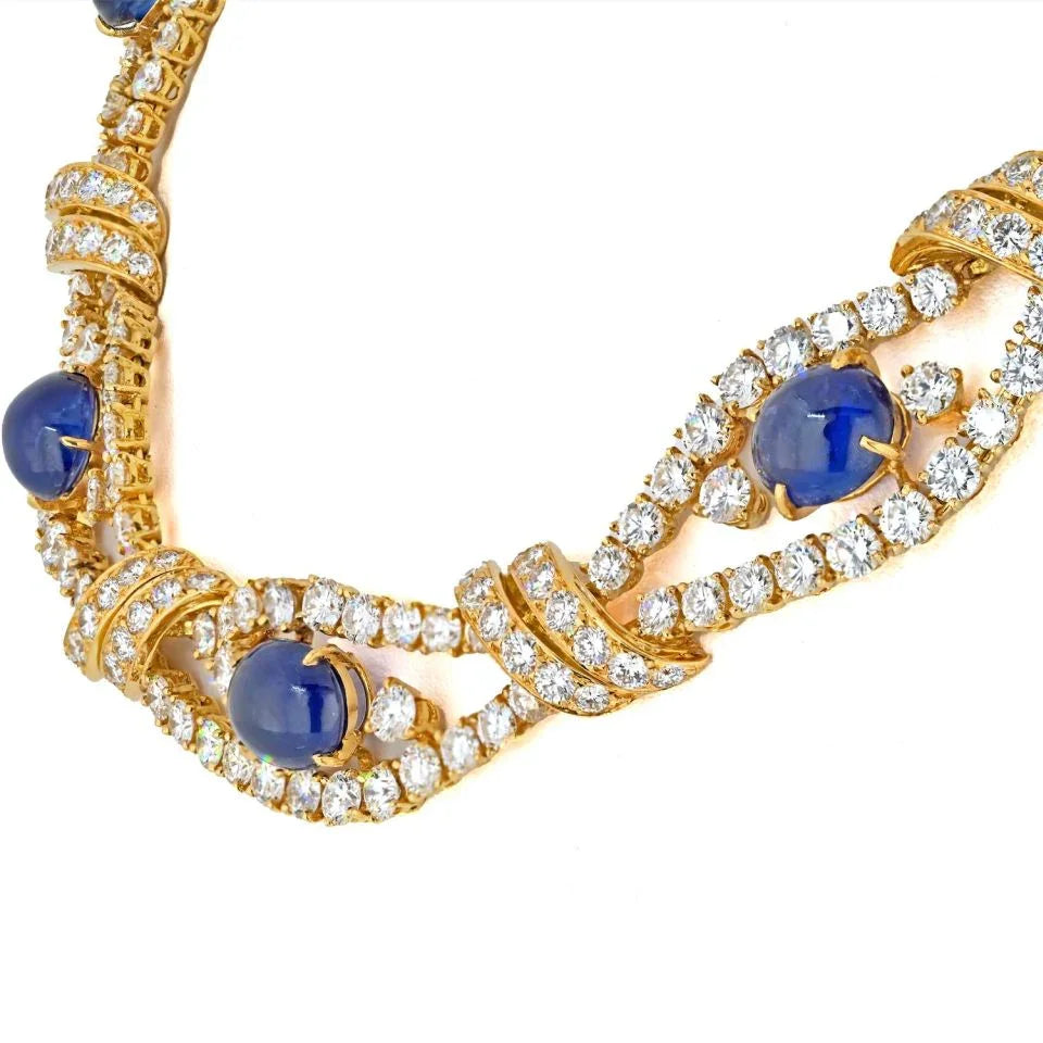 M. Gerard 18K Yellow Gold Cabochon Cut Blue Sapphire And Round Cut Openwork Collar Necklace - The Back Vault