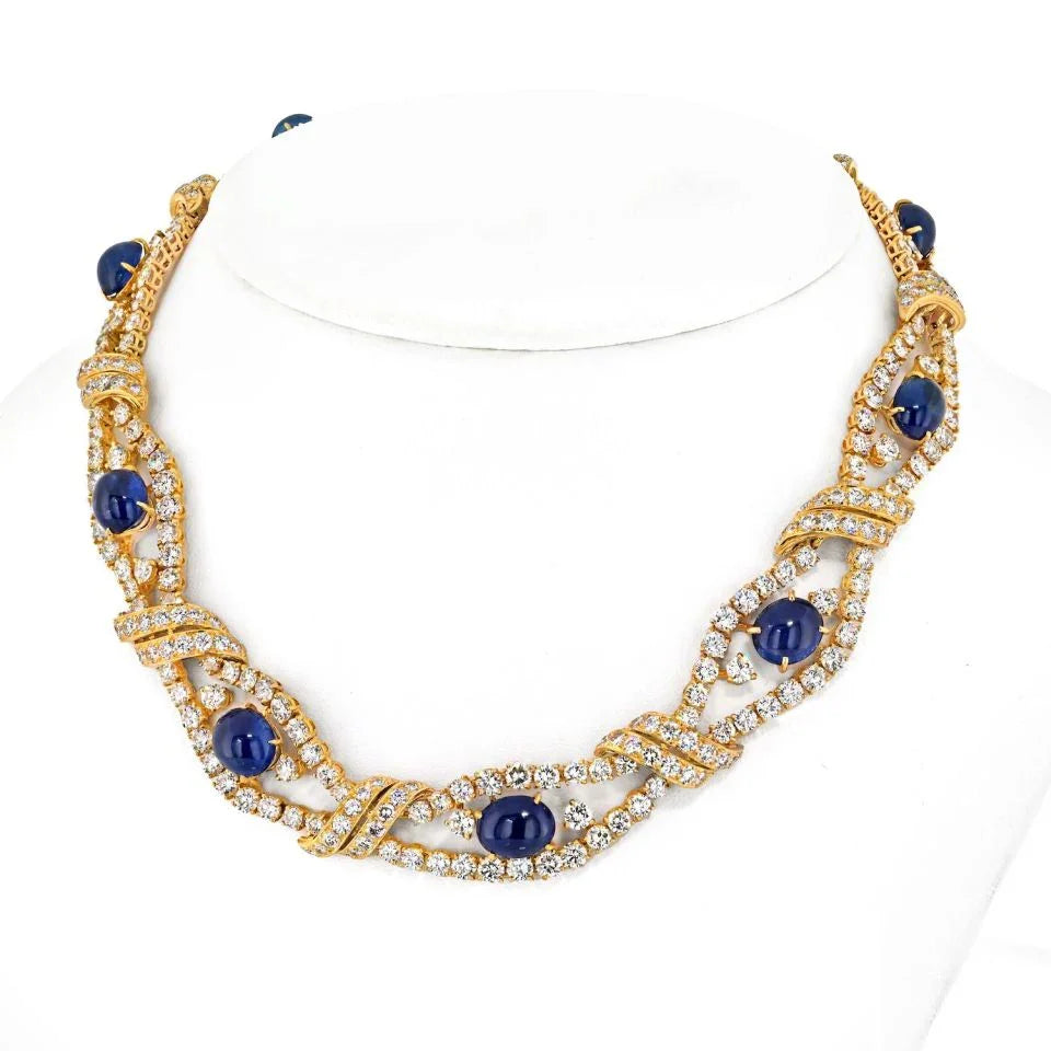 M. Gerard 18K Yellow Gold Cabochon Cut Blue Sapphire And Round Cut Openwork Collar Necklace - The Back Vault