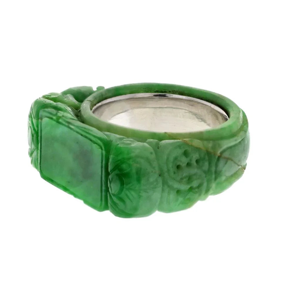 David Webb 14K White Gold Carved Jade Ring - The Back Vault