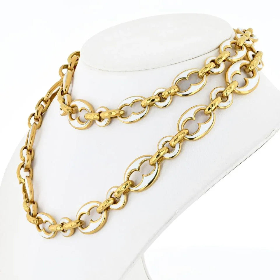 David Webb Platinum & 18K Yellow Gold White Enamel Open Link Long Necklace - The Back Vault