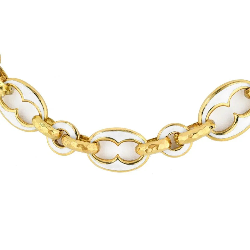David Webb Platinum & 18K Yellow Gold White Enamel Open Link Long Necklace - The Back Vault