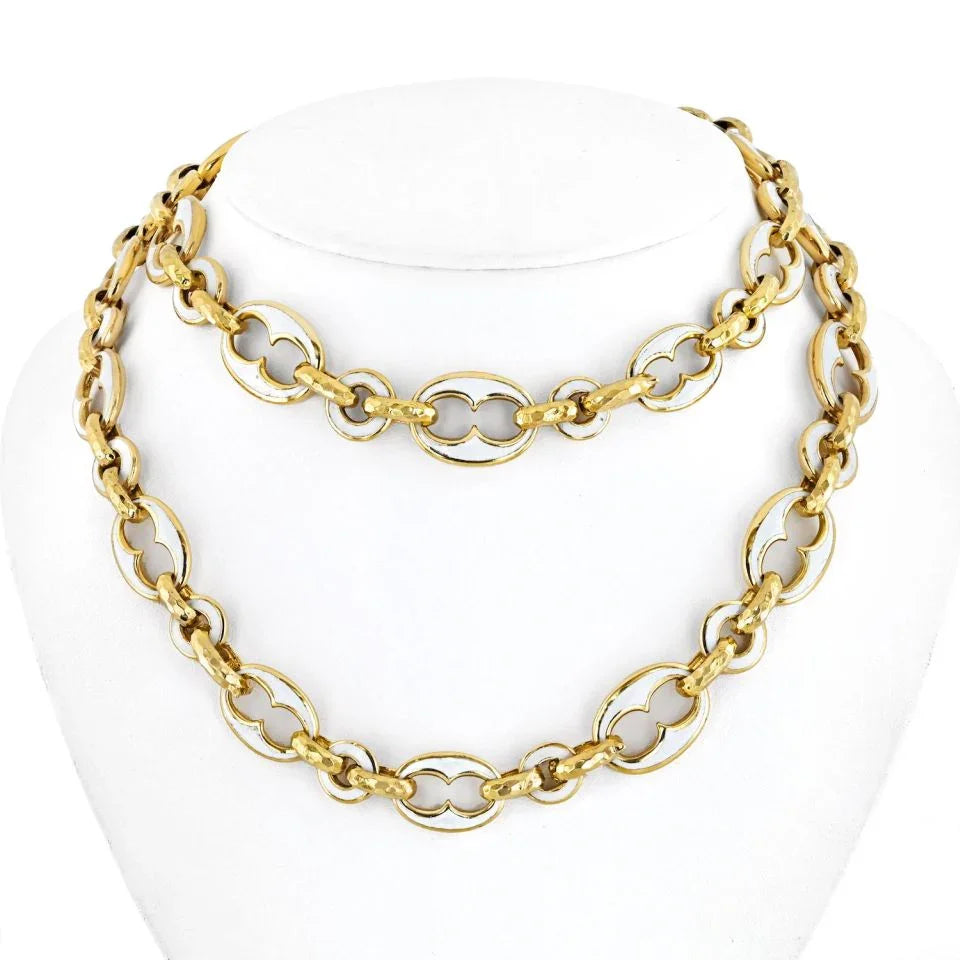 David Webb Platinum & 18K Yellow Gold White Enamel Open Link Long Necklace - The Back Vault