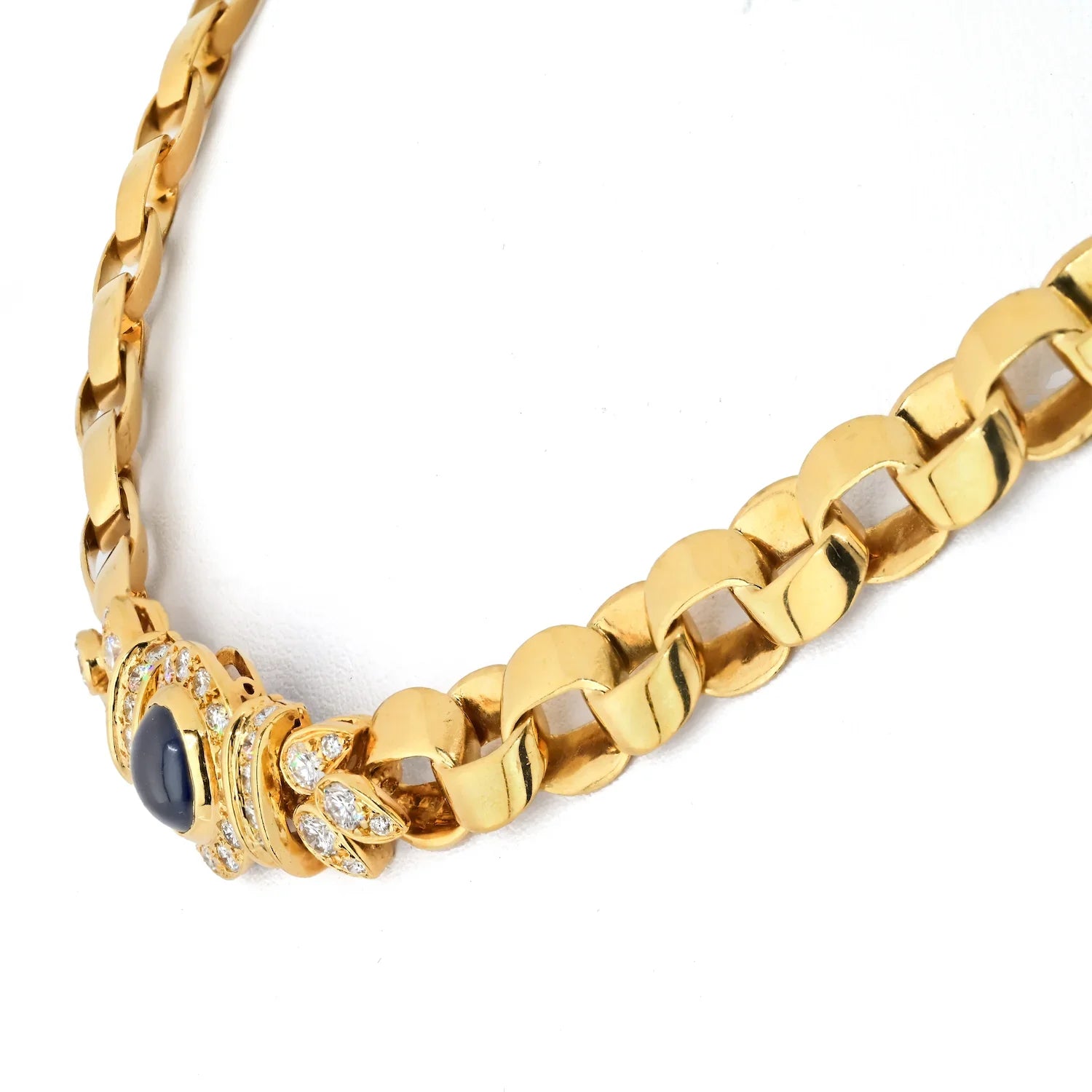 Van Cleef & Arpels 18k Yellow Gold Diamond and Sapphire Curb Link Chain Necklace - The Back Vault