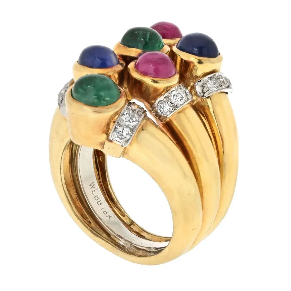 David Webb Platinum & 18K Yellow Gold Multigem Sapphire, Ruby, Emerald And Diamond Cocktail Ring - The Back Vault