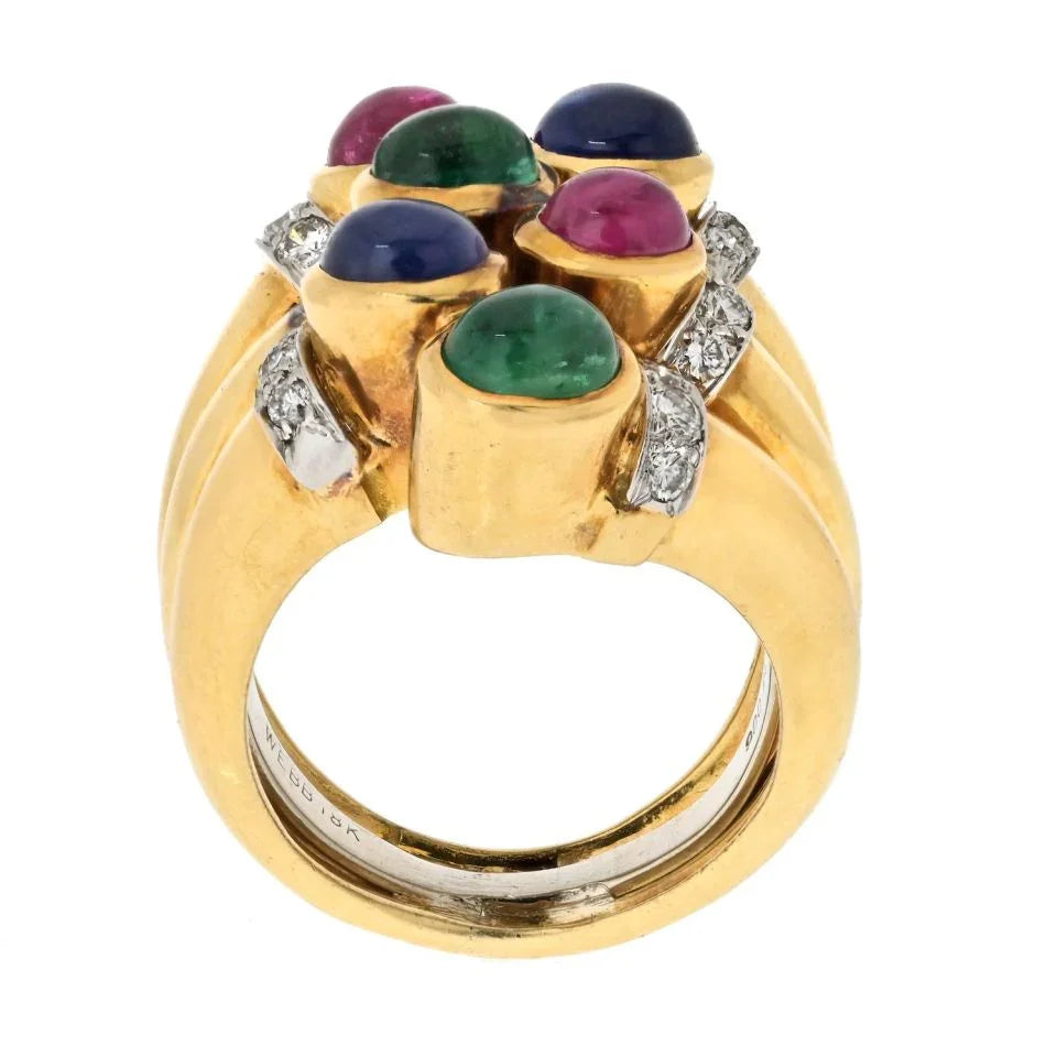 David Webb Platinum & 18K Yellow Gold Multigem Sapphire, Ruby, Emerald And Diamond Cocktail Ring - The Back Vault