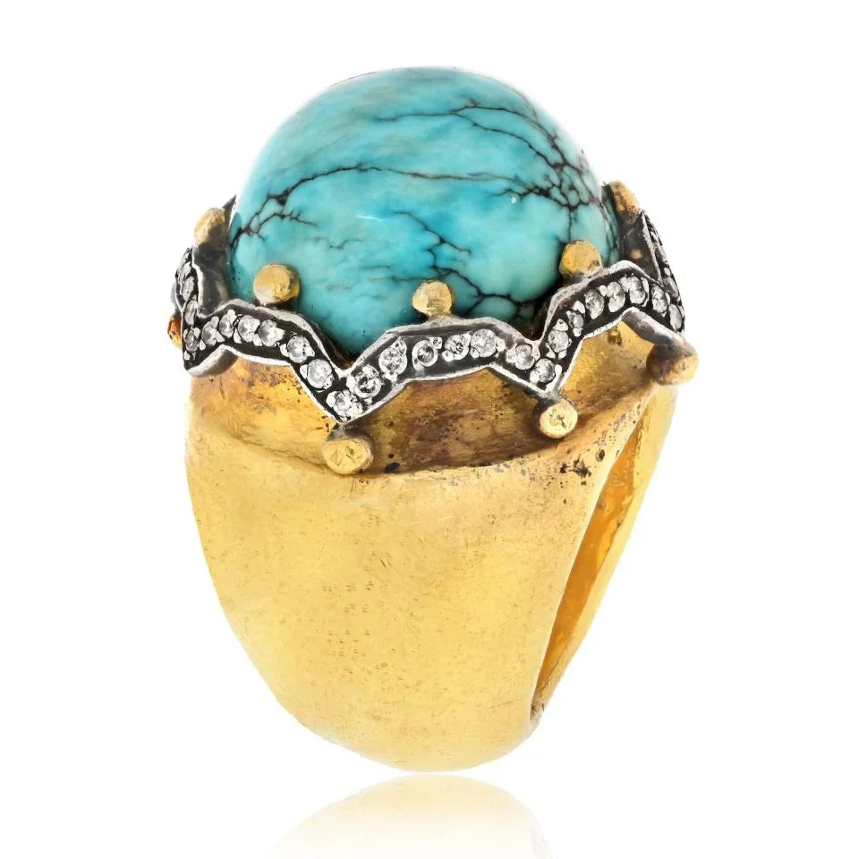 23K Yellow Gold Dome Turquoise And Diamond Cocktail Ring - The Back Vault