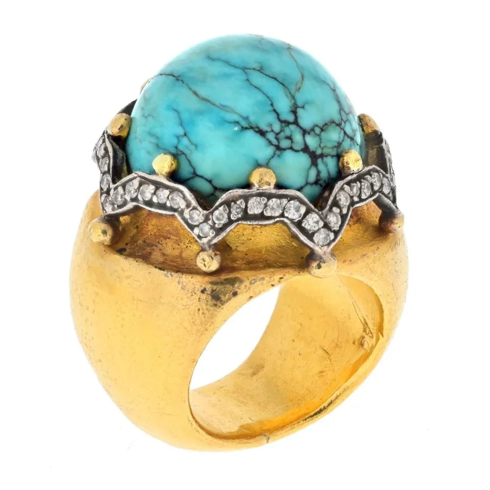 23K Yellow Gold Dome Turquoise And Diamond Cocktail Ring - The Back Vault
