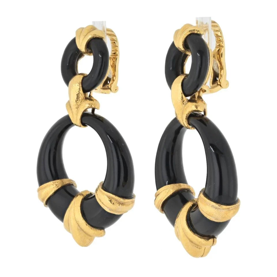 David Webb Platinum & 18K Yellow Gold Black Enamel Doorknockers Earrings - The Back Vault