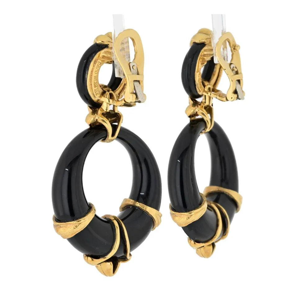 David Webb Platinum & 18K Yellow Gold Black Enamel Doorknockers Earrings - The Back Vault