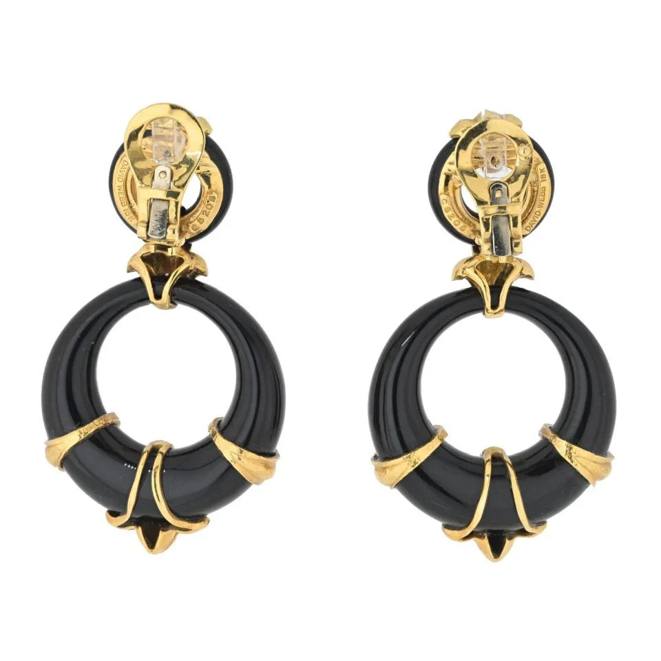David Webb Platinum & 18K Yellow Gold Black Enamel Doorknockers Earrings - The Back Vault