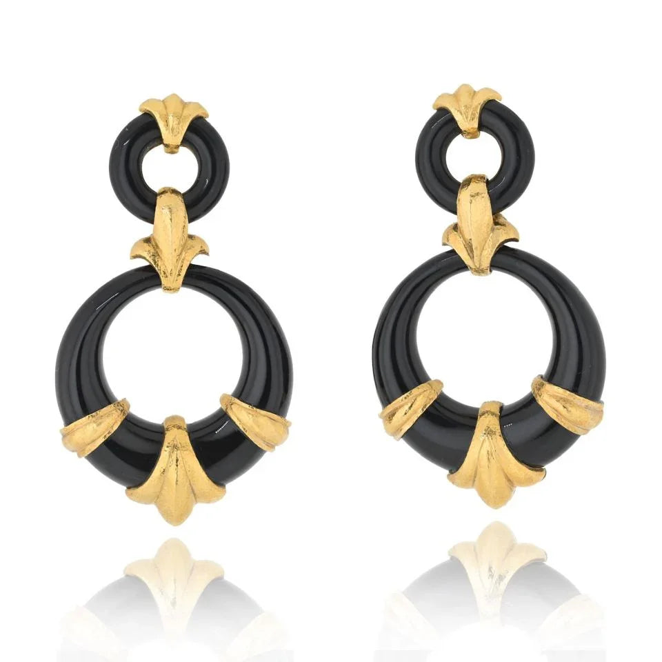 David Webb Platinum & 18K Yellow Gold Black Enamel Doorknockers Earrings - The Back Vault