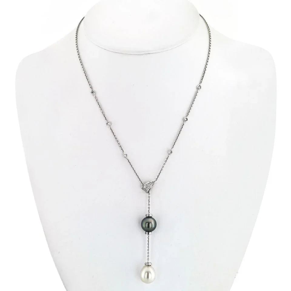 18K Yellow Gold Pearl And Diamond Lariat Necklace - The Back Vault