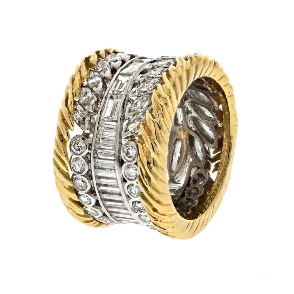 Platinum & 18K Yellow Gold 7.00cttw Multi Row Diamond Wide Cocktail Ring - The Back Vault