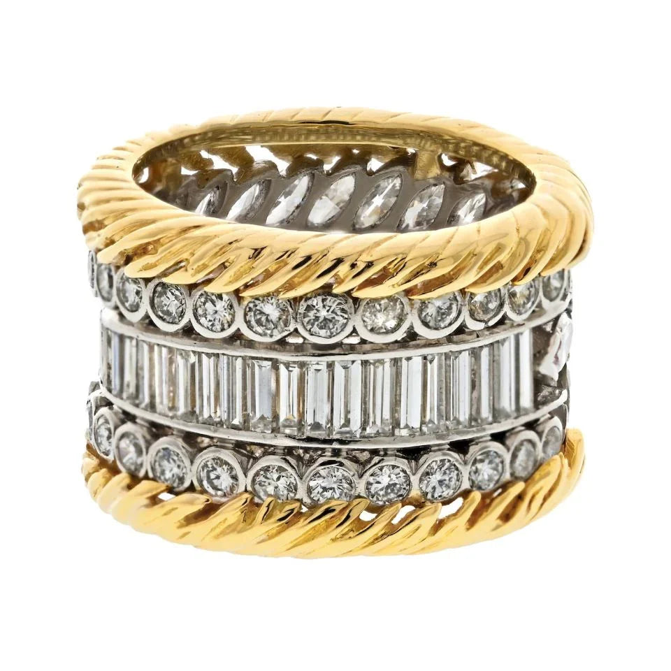 Platinum & 18K Yellow Gold 7.00cttw Multi Row Diamond Wide Cocktail Ring - The Back Vault