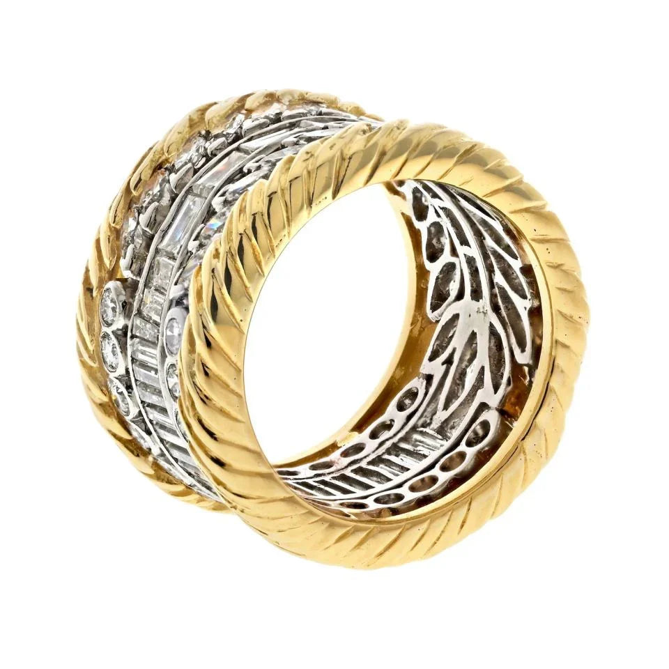 Platinum & 18K Yellow Gold 7.00cttw Multi Row Diamond Wide Cocktail Ring - The Back Vault