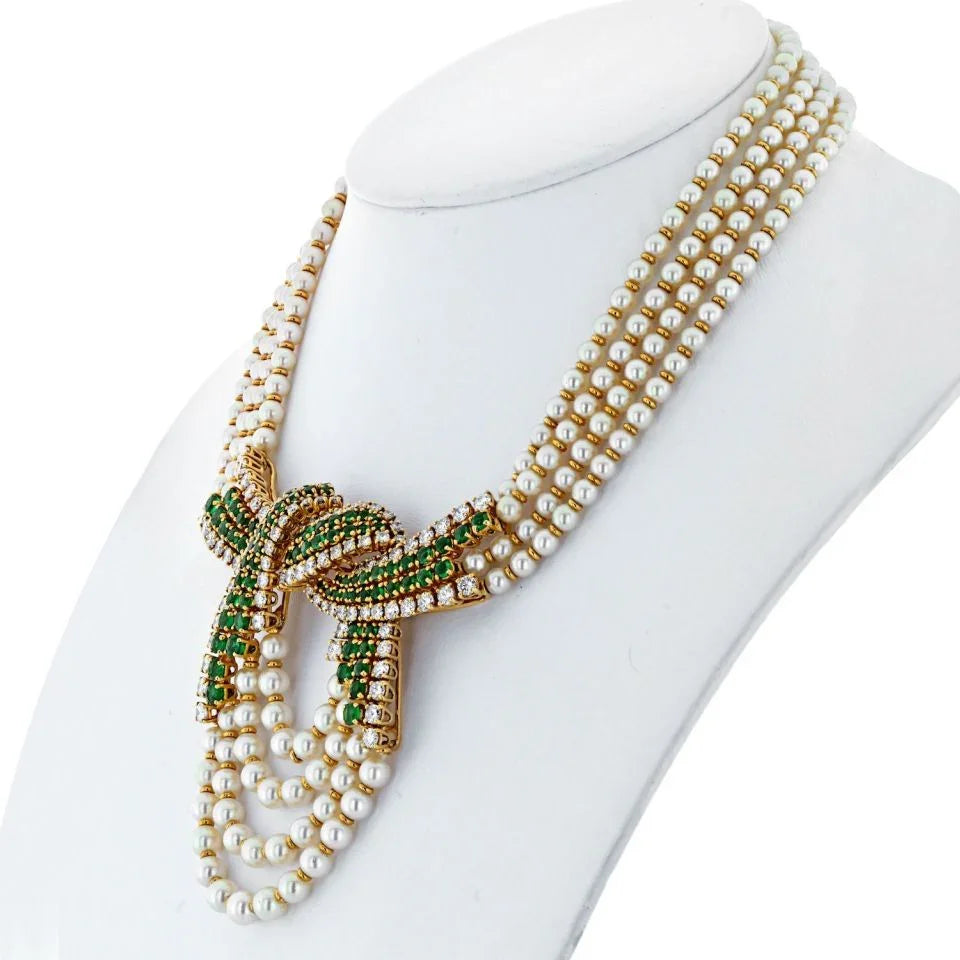 Chaumet Platinum & 18K Yellow Gold 10cttw Diamond, Emerald And Pearl MultiStrand Necklace - The Back Vault