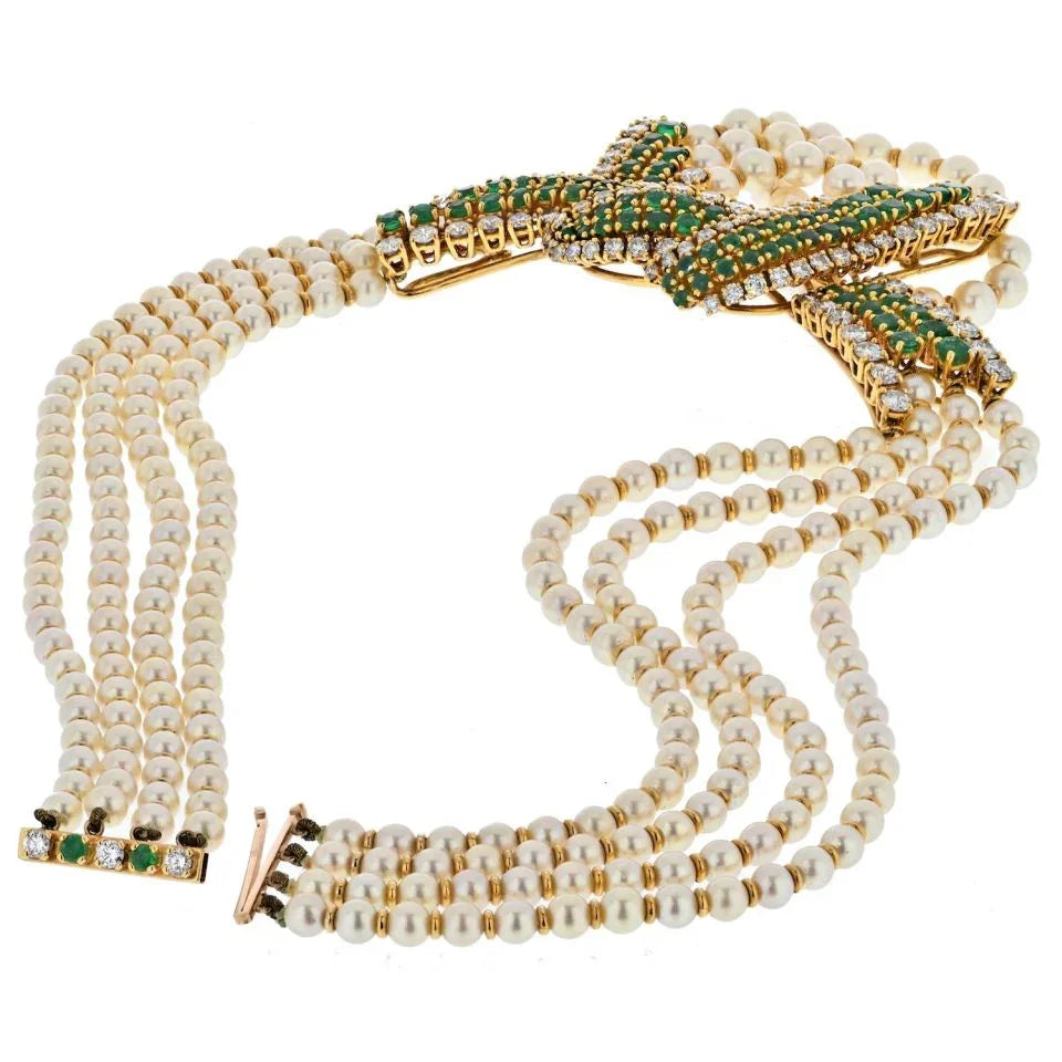 Chaumet Platinum & 18K Yellow Gold 10cttw Diamond, Emerald And Pearl MultiStrand Necklace - The Back Vault