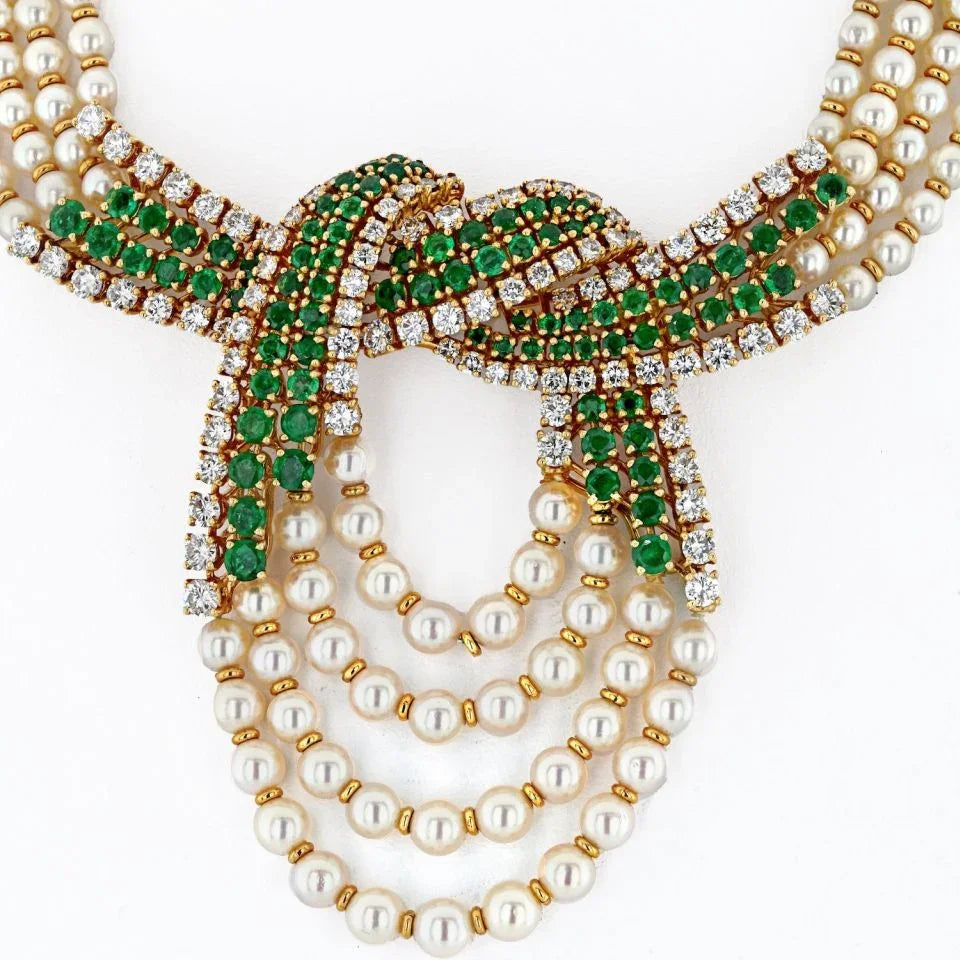 Chaumet Platinum & 18K Yellow Gold 10cttw Diamond, Emerald And Pearl MultiStrand Necklace - The Back Vault