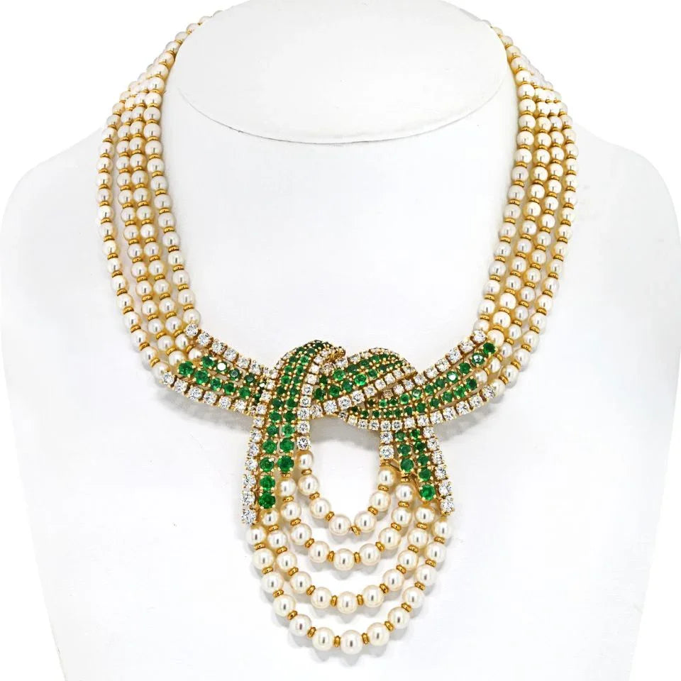 Chaumet Platinum & 18K Yellow Gold 10cttw Diamond, Emerald And Pearl MultiStrand Necklace - The Back Vault