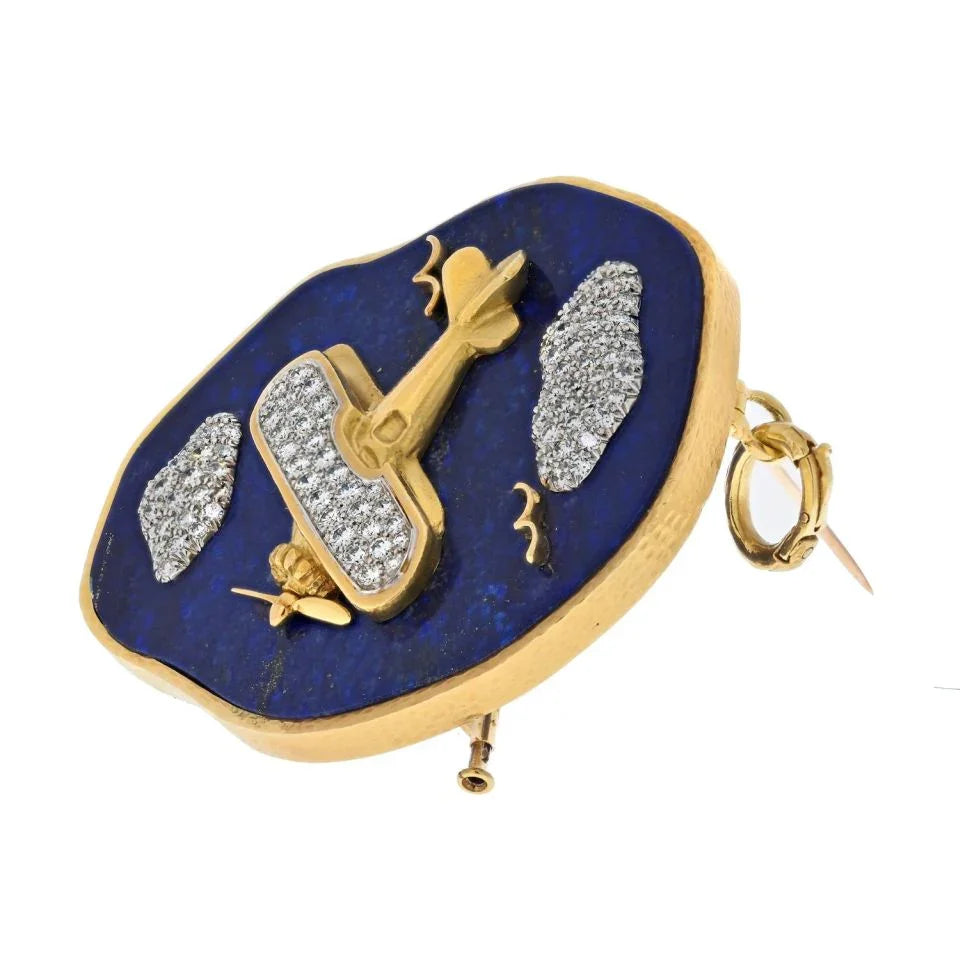 David Webb Platinum & 18K Yellow Gold Lapis And Diamond Airplane Brooch - The Back Vault
