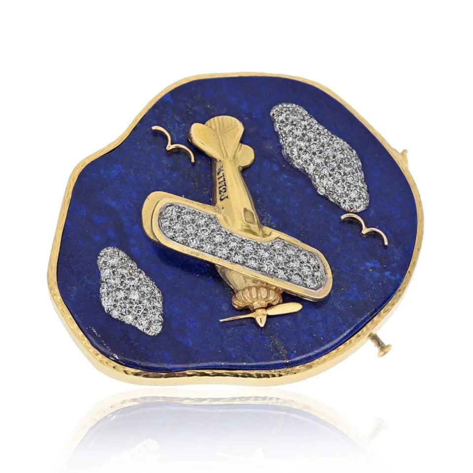 David Webb Platinum & 18K Yellow Gold Lapis And Diamond Airplane Brooch - The Back Vault