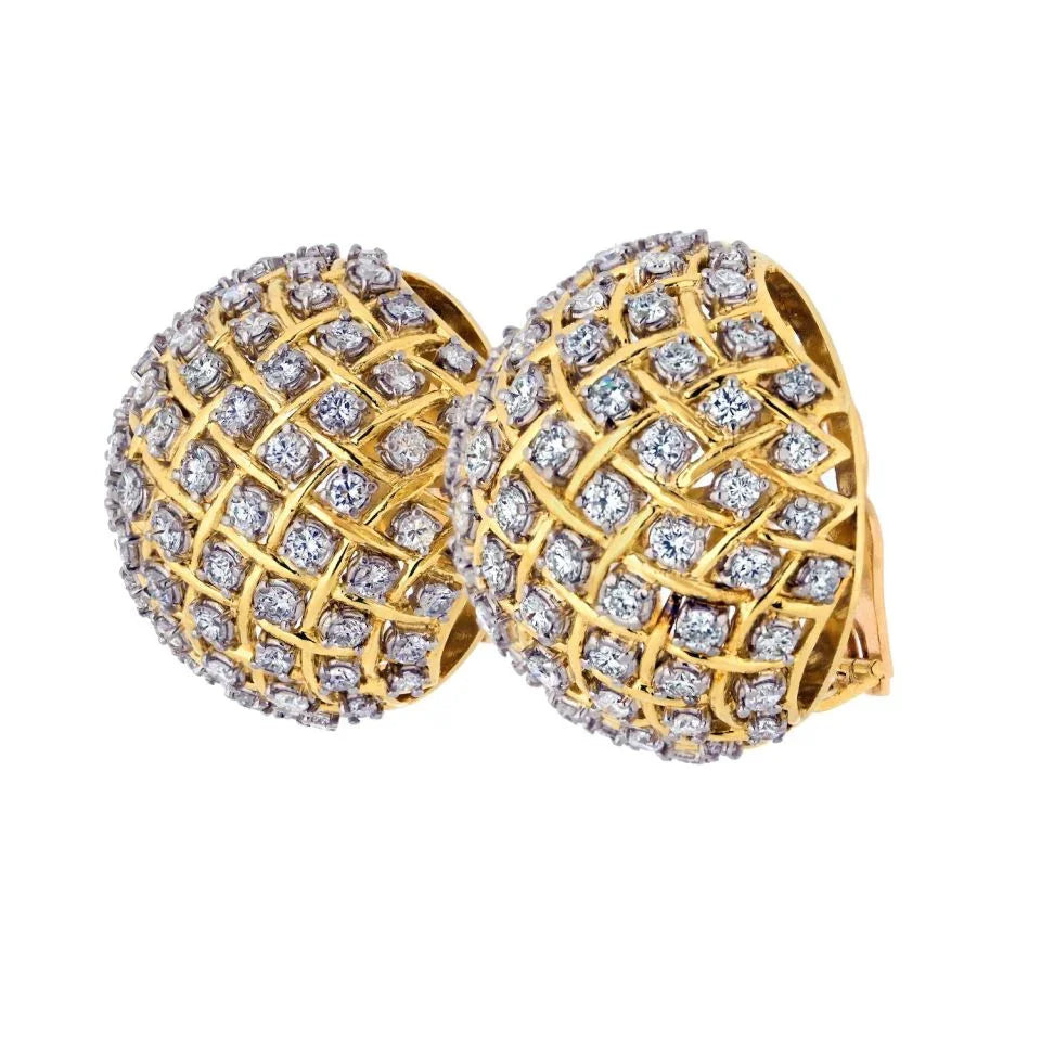 18K Yellow Gold 15 Carat Pave Diamond Dome Clip On Earrings - The Back Vault
