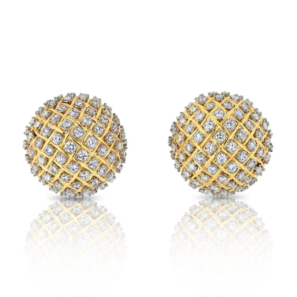 18K Yellow Gold 15 Carat Pave Diamond Dome Clip On Earrings - The Back Vault