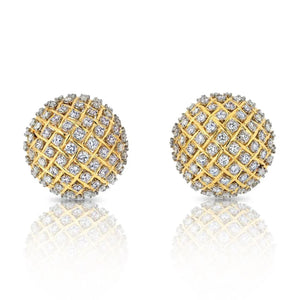 18K Yellow Gold 15 Carat Pave Diamond Dome Clip On Earrings