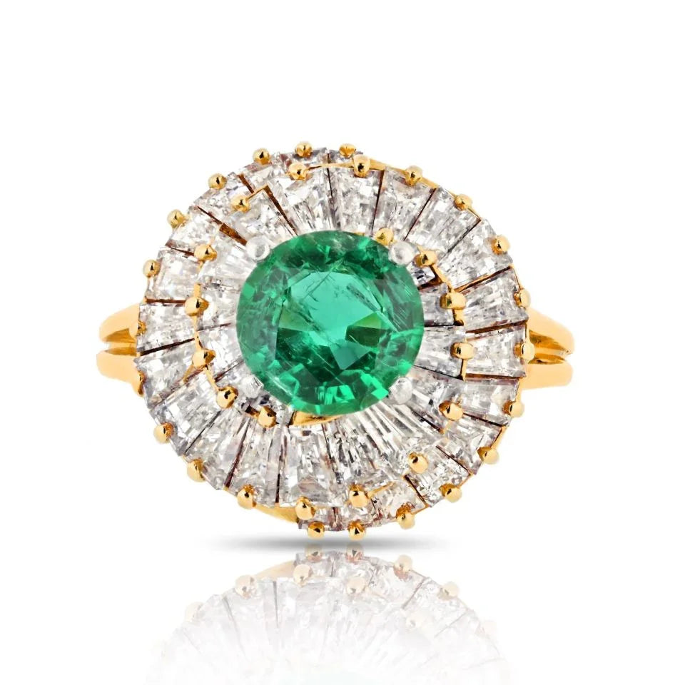Oscar Heyman Platinum & 18K Yellow Gold 1.25ct Round Green Emerald Ballerina Ring - The Back Vault