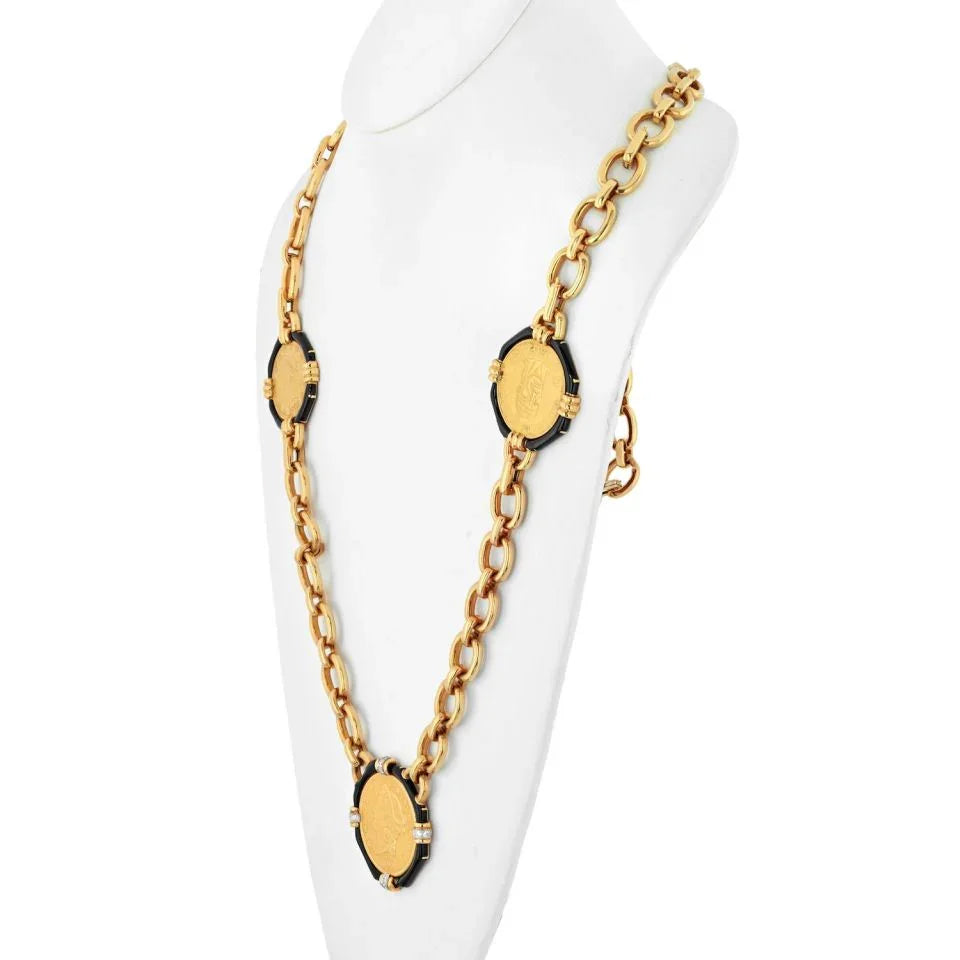 David Webb Platinum & 18K Yellow Gold 5 Coin Black Enamel Long Link Necklace - The Back Vault