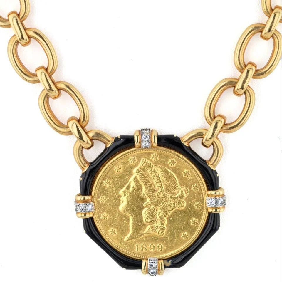 David Webb Platinum & 18K Yellow Gold 5 Coin Black Enamel Long Link Necklace - The Back Vault