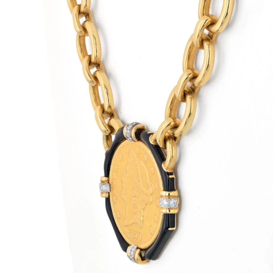David Webb Platinum & 18K Yellow Gold 5 Coin Black Enamel Long Link Necklace - The Back Vault