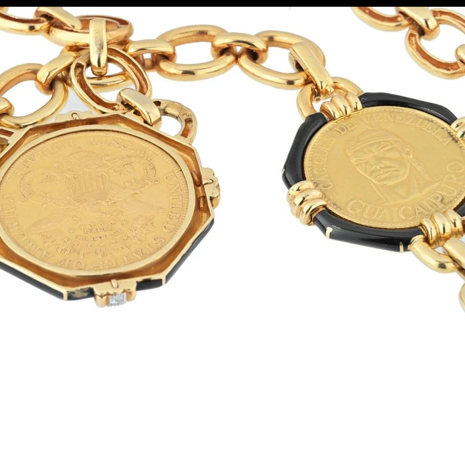 David Webb Platinum & 18K Yellow Gold 5 Coin Black Enamel Long Link Necklace - The Back Vault