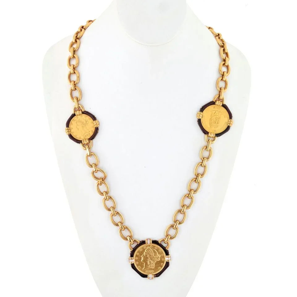 David Webb Platinum & 18K Yellow Gold 5 Coin Black Enamel Long Link Necklace - The Back Vault