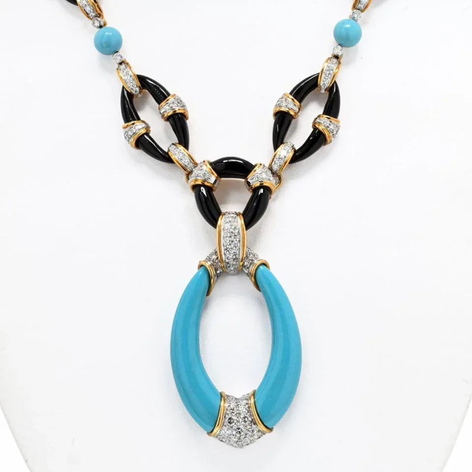 Kutchinsky Platinum & 18K Yellow Gold Turquoise Onyx And Diamond Necklace - The Back Vault