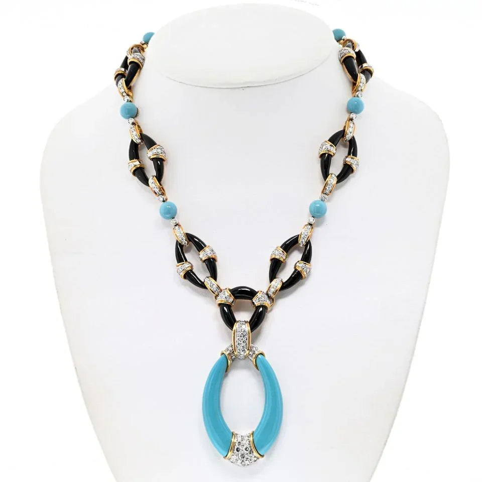 Kutchinsky Platinum & 18K Yellow Gold Turquoise Onyx And Diamond Necklace - The Back Vault