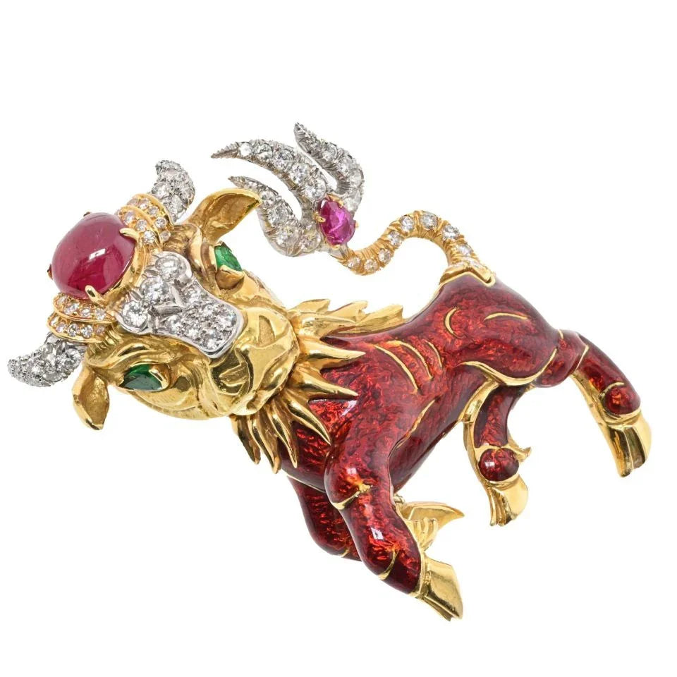 David Webb Platinum & 18K Yellow Gold Red Enamel Bull Brooch - The Back Vault