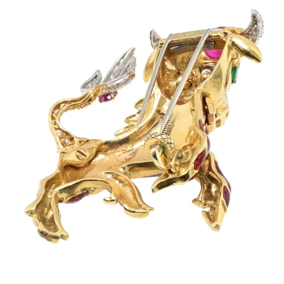 David Webb Platinum & 18K Yellow Gold Red Enamel Bull Brooch - The Back Vault