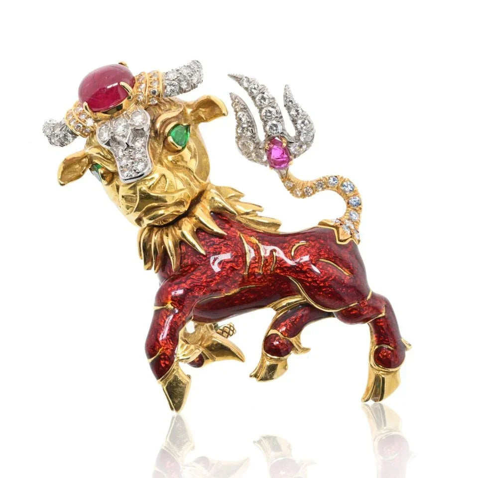 David Webb Platinum & 18K Yellow Gold Red Enamel Bull Brooch - The Back Vault