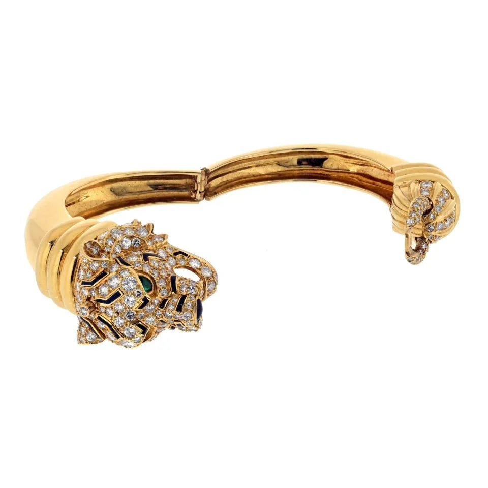 David Webb Platinum & 18K Yellow Gold Tiger Diamond And Enamel Animal Bangle Bracelet - The Back Vault