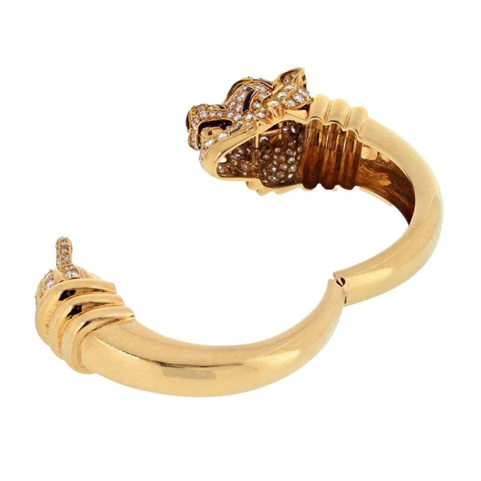 David Webb Platinum & 18K Yellow Gold Tiger Diamond And Enamel Animal Bangle Bracelet - The Back Vault