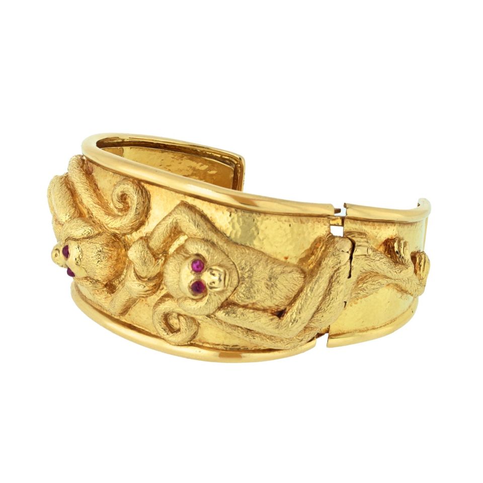 David Webb Platinum & 18K Yellow Gold Repousse Monkey Ruby Eyes Cuff Bracelet