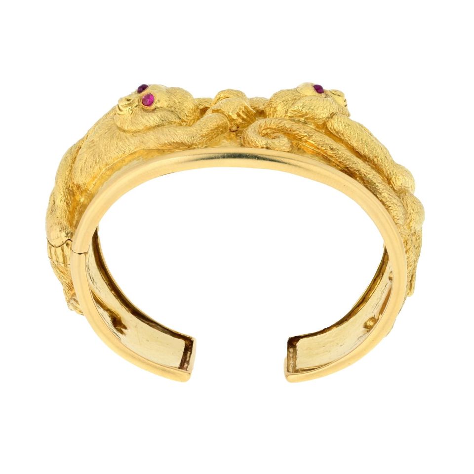 David Webb Platinum & 18K Yellow Gold Repousse Monkey Ruby Eyes Cuff Bracelet