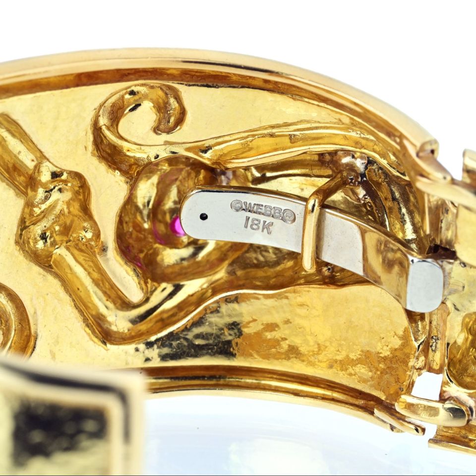 David Webb Platinum & 18K Yellow Gold Repousse Monkey Ruby Eyes Cuff Bracelet