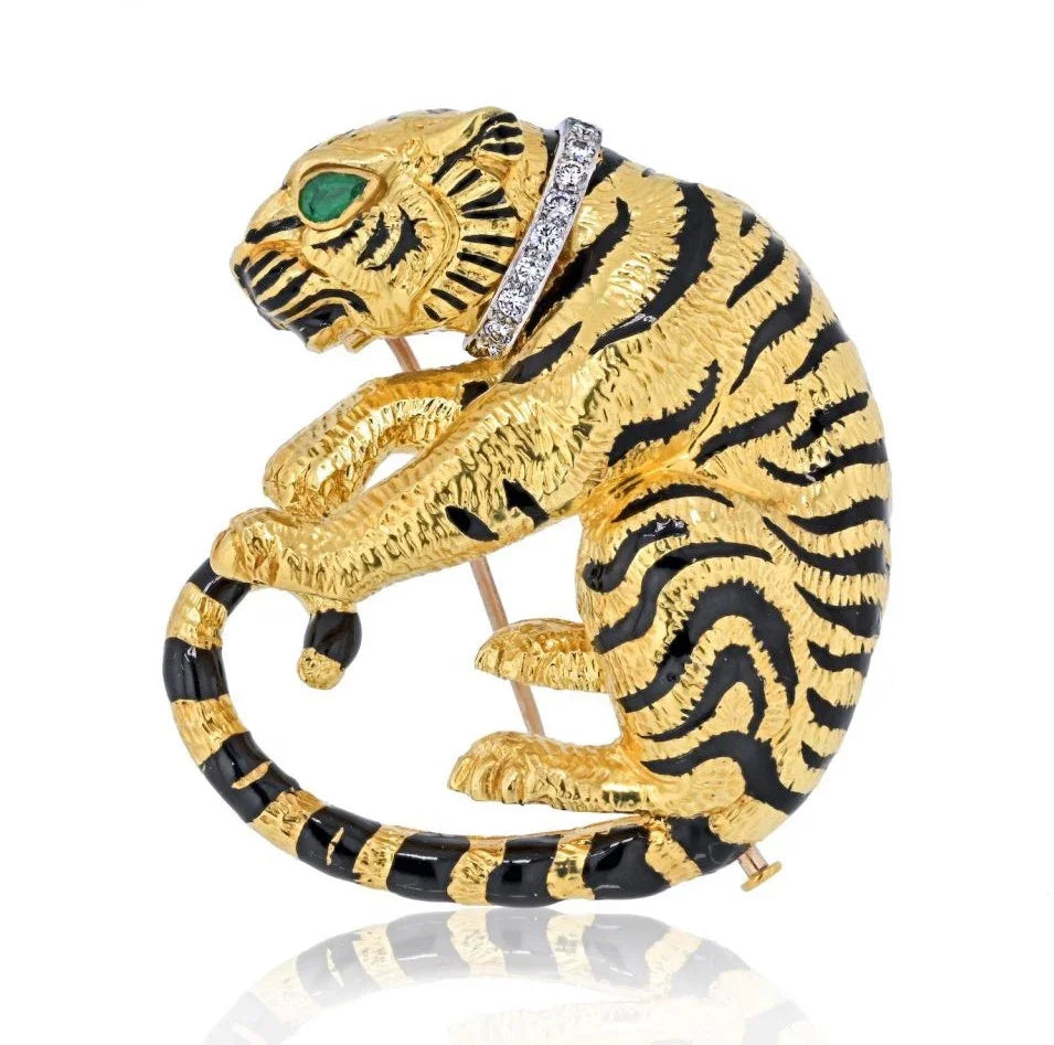 David Webb Platinum & 18K Yellow Gold Diamond Tiger Animal Brooch - The Back Vault